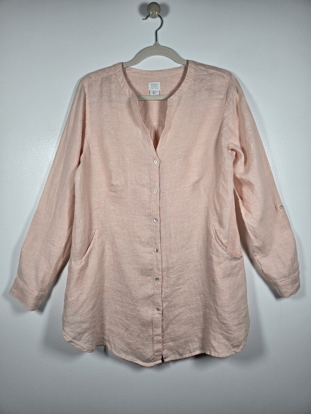 Sigrid Olsen 100% Linen Button Down Roll Tab Long Sleeve Tunic Top Size Large
